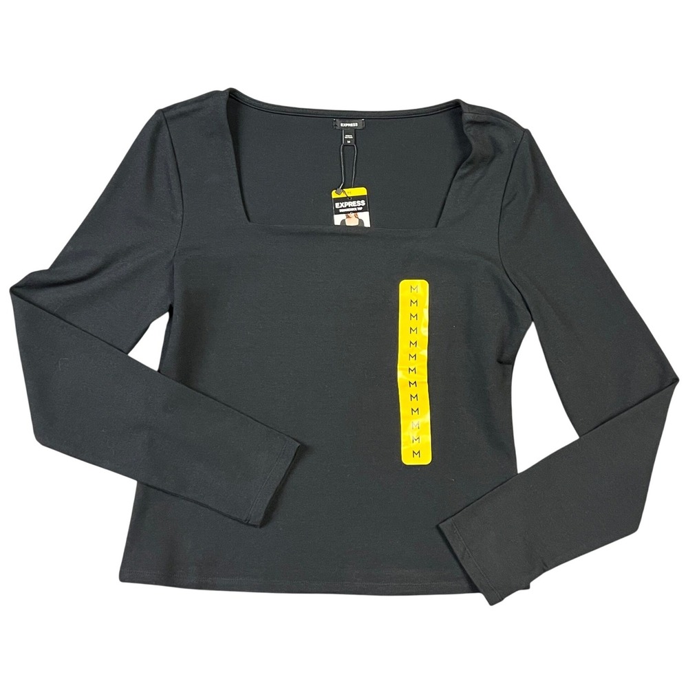 Express Top M Black Square Neck Long Sleeve Cotton Modal Slim Fit Stretch New - Picture 2 of 8